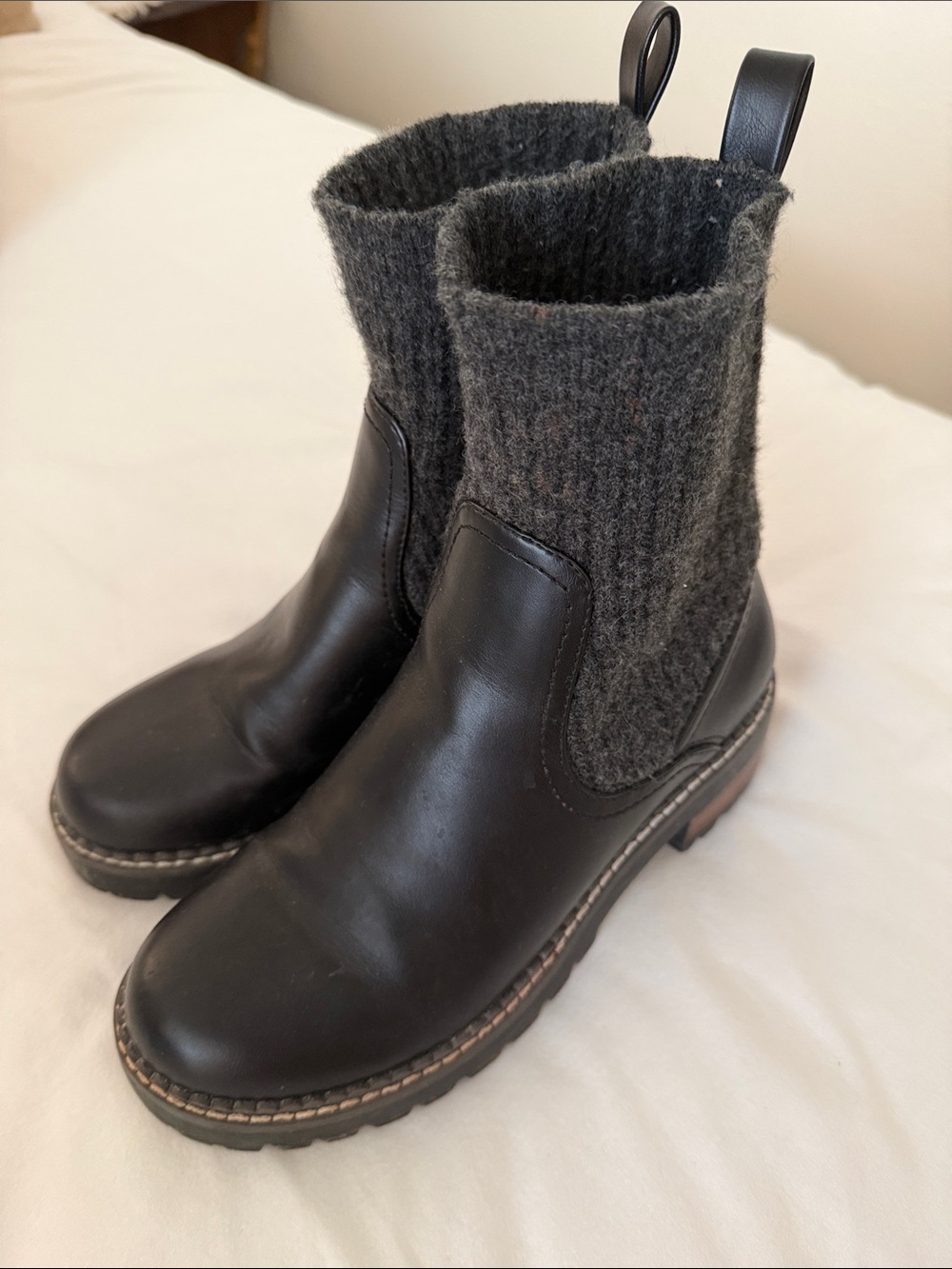 Universal Thread Black Leather Ankle Boots with Dark Gray Knit Shaft